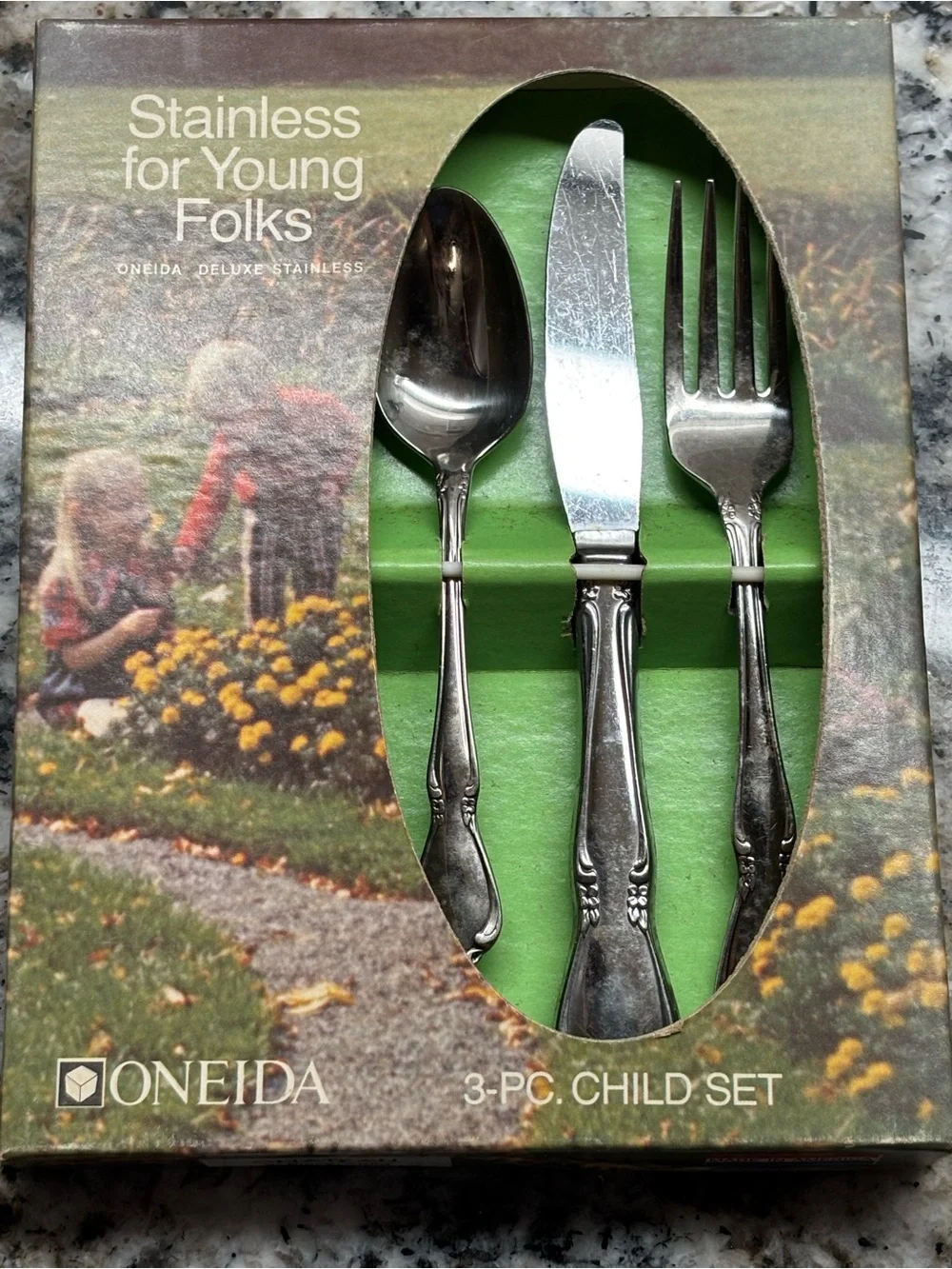 Oneida Chateau Vintage Stainless Steel Child's Fork, Spoon, Knife Set 3 Piece